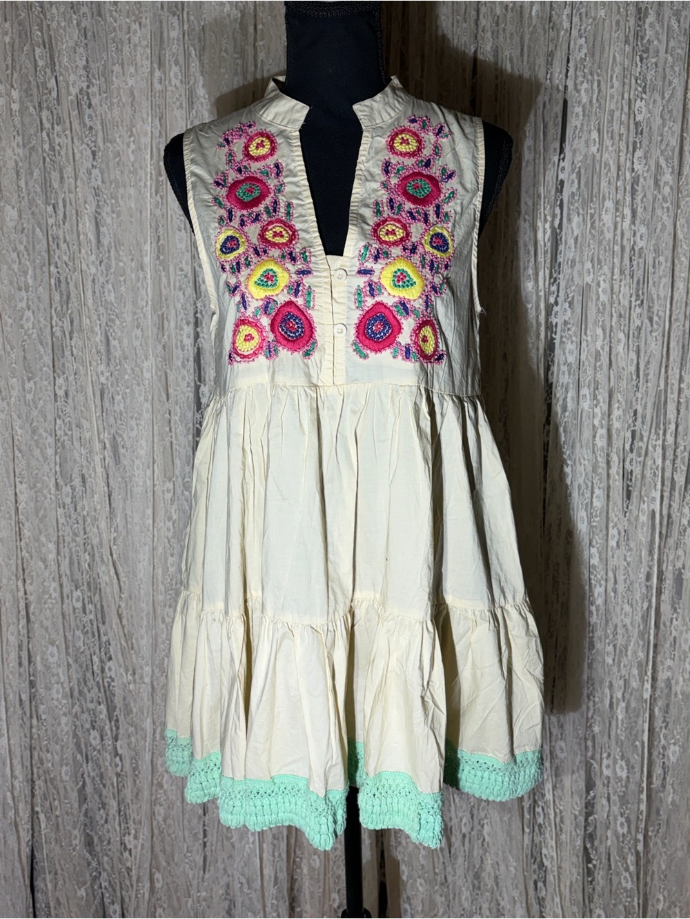 Velzera Cream Mini Dress with Multicolor Embroidery